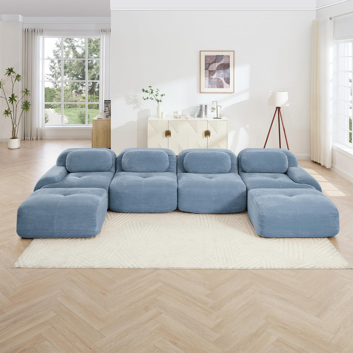 152.7 Inch U-Shaped Modular Sectional Sofa, 4-Seater Boneless Couch, Blue