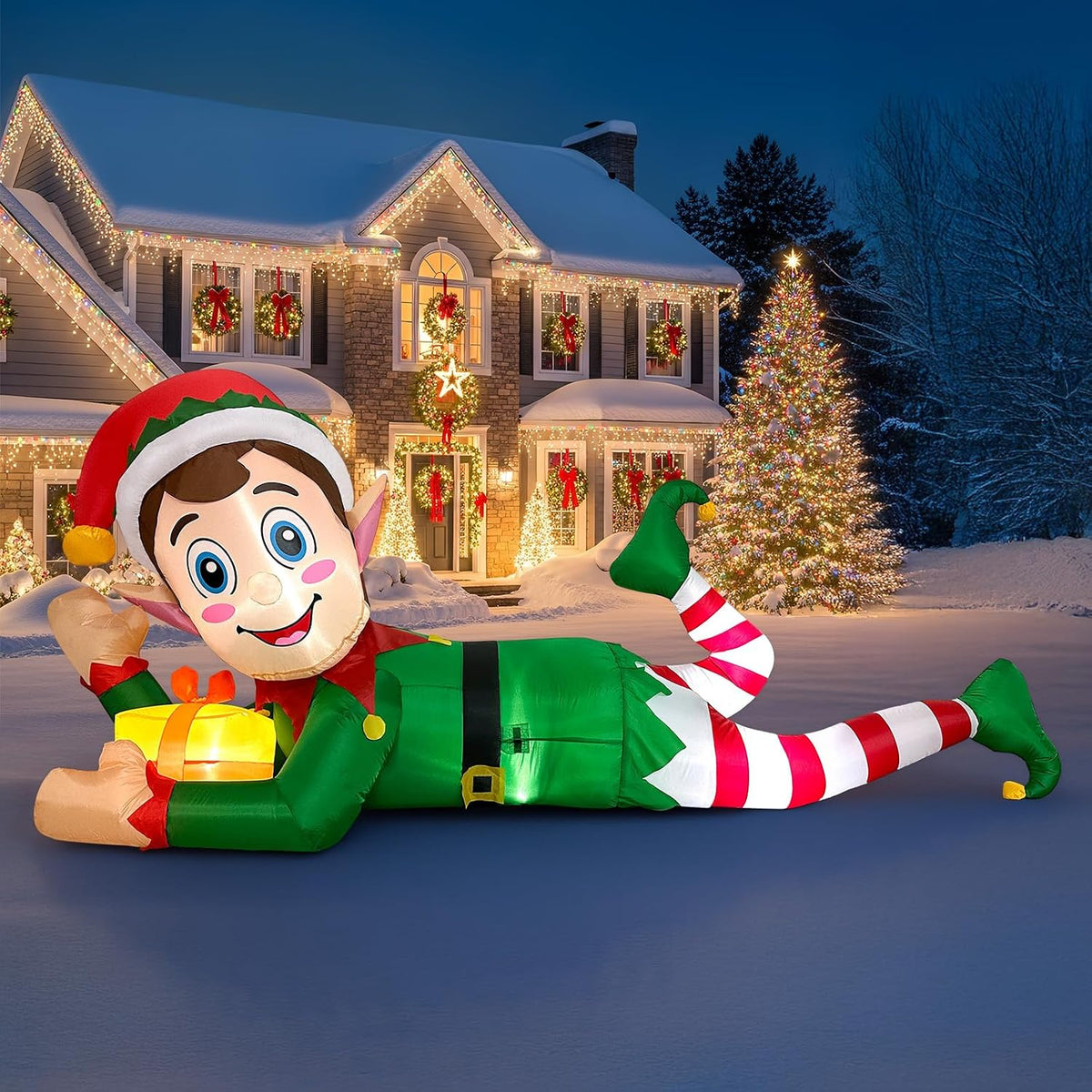 10FT Christmas Inflatable Outdoor Decoration, Giant Lying Elf Inflatable Outdoor Built-in LED Lights, Christmas Blow
