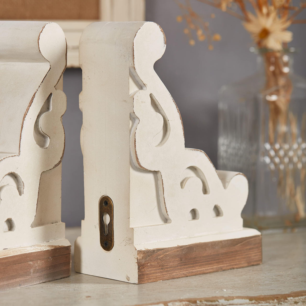 Rustic White Wood Bookends Decorative, Distressed Corbels for Shelves