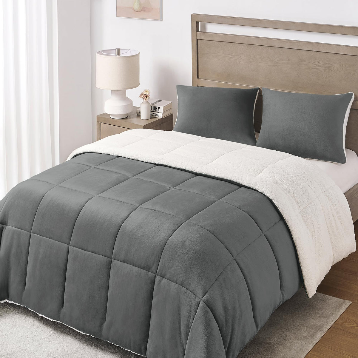 Micromink Sherpa Comforter Set, Dark Grey