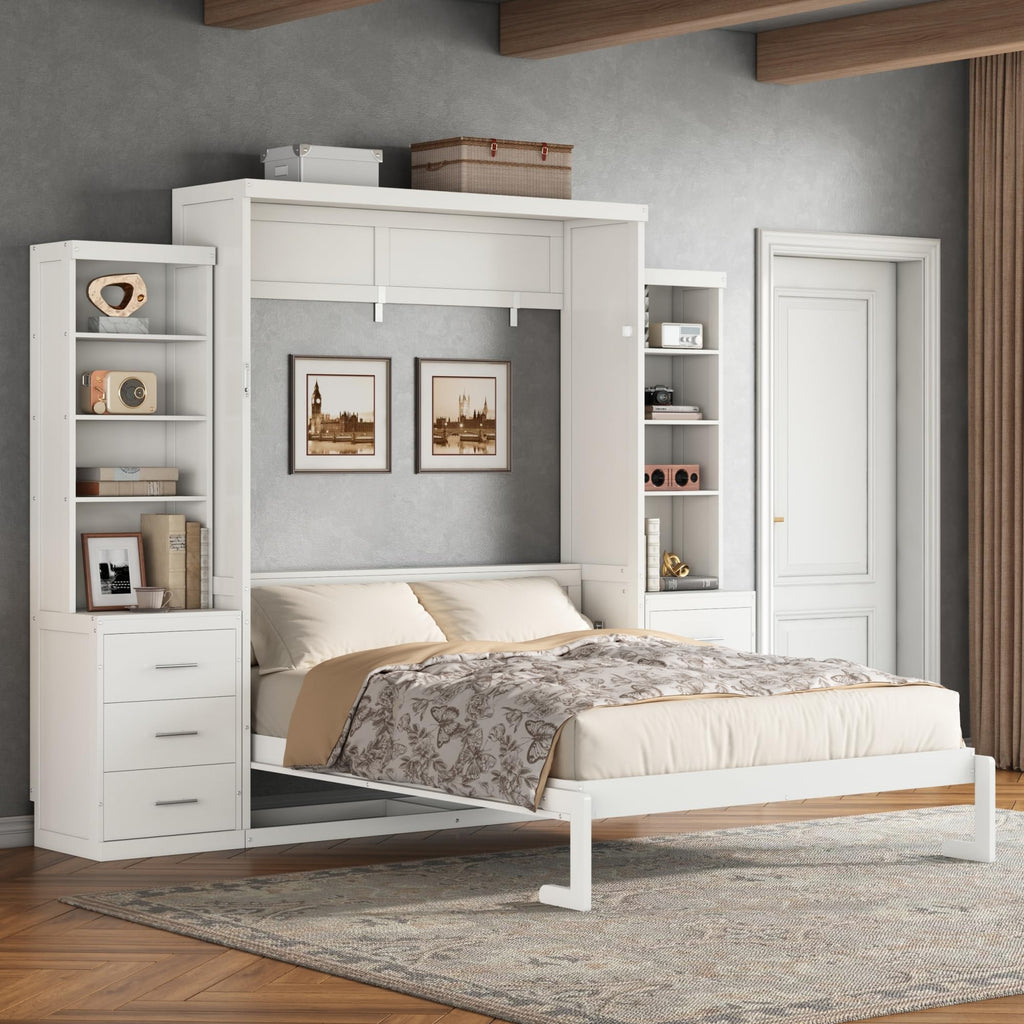 Full Murphy Bed with Storage Shelves and Drawers, Solid Wood Foldable Hidden Murphy Wall Bed with Storage Bookcase