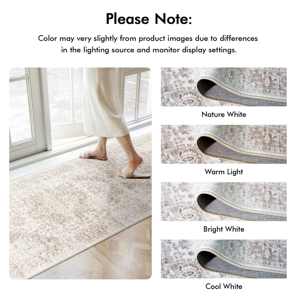 Washable Hallway Runner Rug: Long Vintage Soft Non Slip Rug IvoryBeige