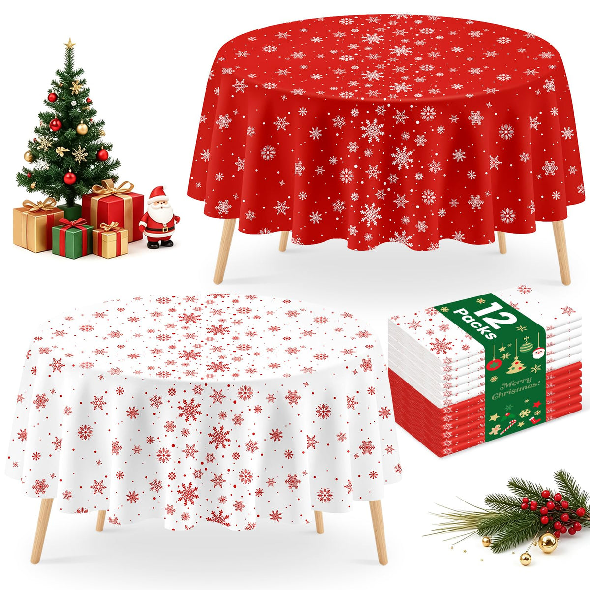 12 Pcs Christmas Tablecloth Red and White Snowflake Winter Round