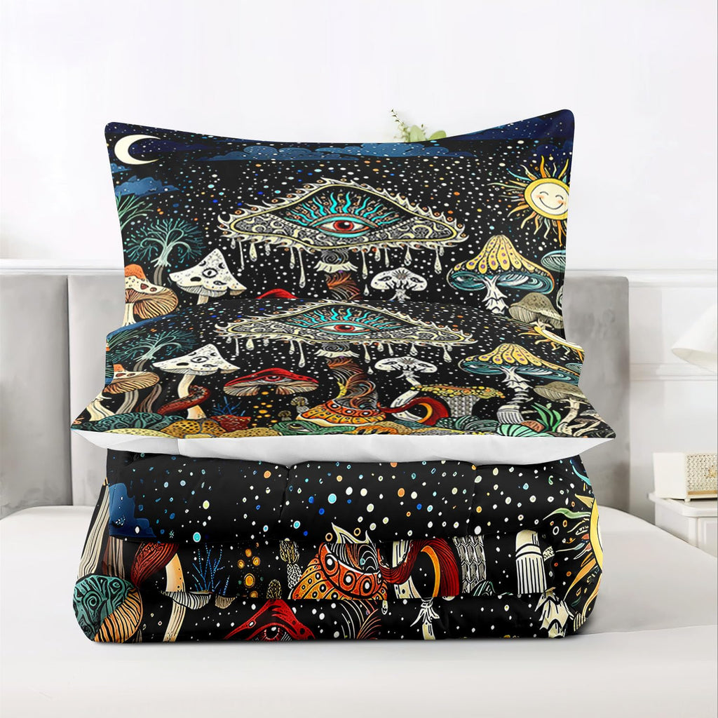 Mushroom Comforter Set Queen Green, Hippie Bedding Sets Queen, Goth Comforter Boho Style Queen Size Quilt