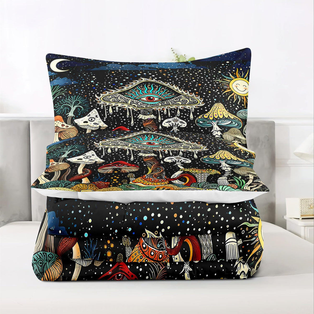 Mushroom Comforter Set Queen Green, Hippie Bedding Sets Queen, Goth Comforter Boho Style Queen Size Quilt