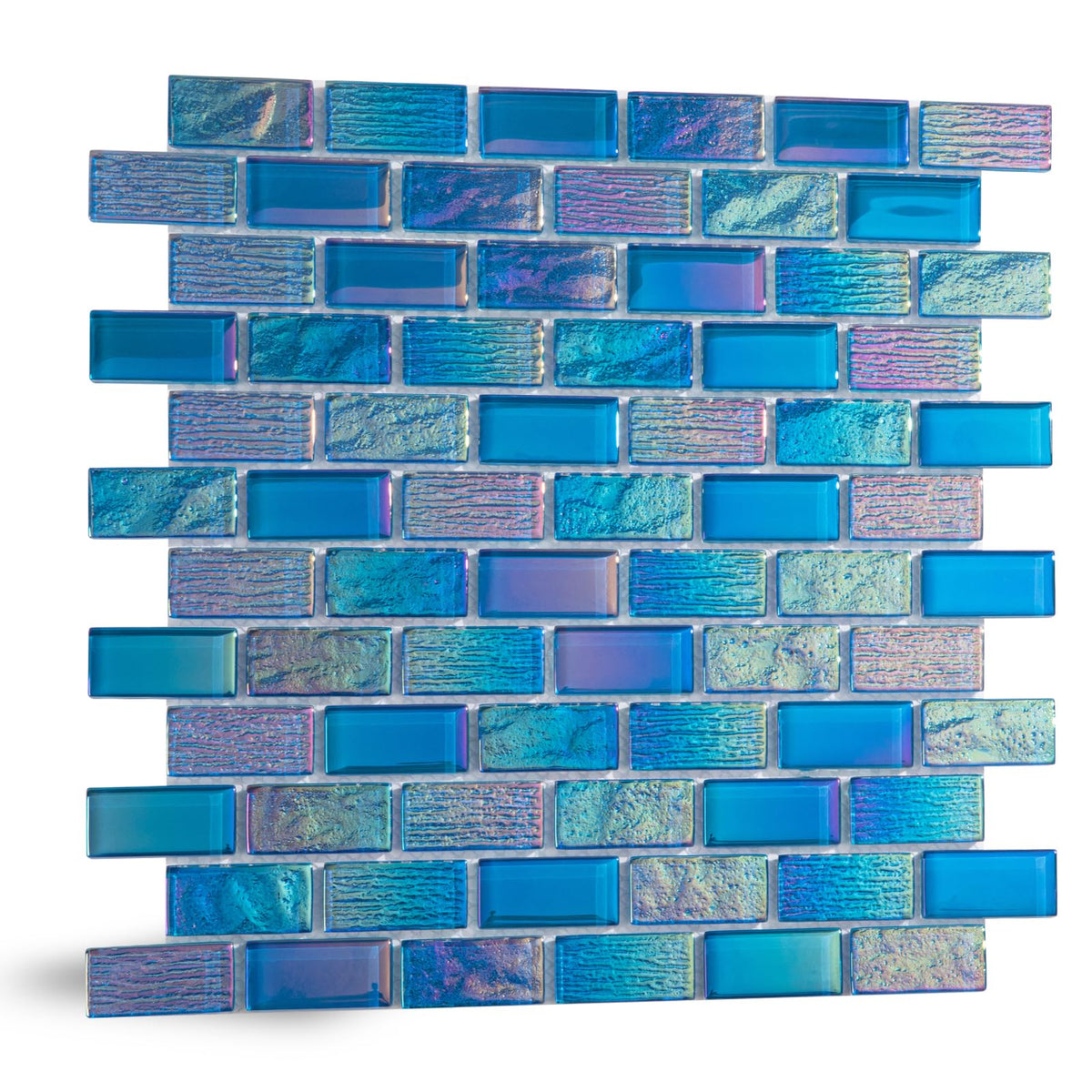 Pool Tile, Glass Backsplash Tiles Iridescent Blue 1x2 Inch Brick, 5 Sheets