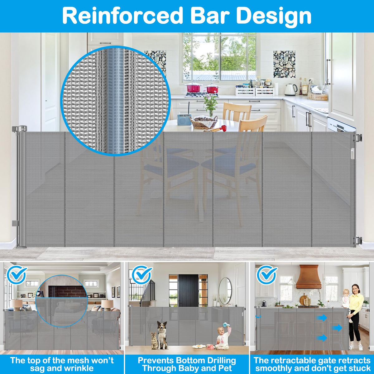 Reinforced 42" Extra Tall X 120" Extra Wide Retractable Dog Gate for Doorways Wide Pet Gate Indoor Prevent Kid/Pet