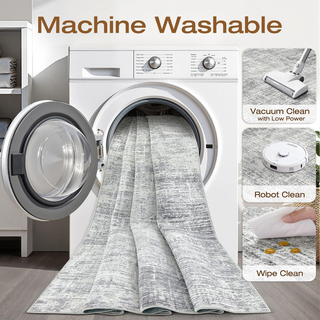 Runner Rug 3x8 Washable Non-Slip Kitchen Neutral Rug Grey