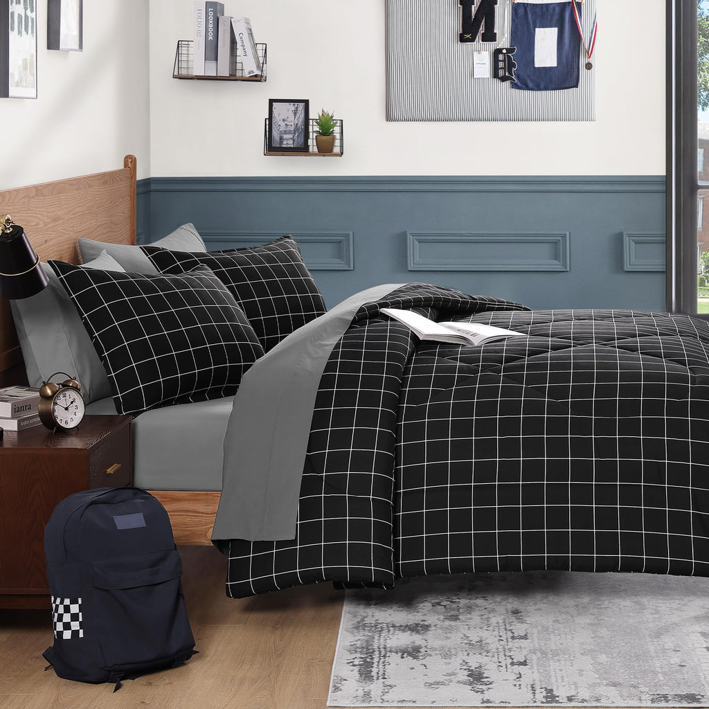 Black Grid Comforter Set, 2 Pieces Gingham Bedding Set