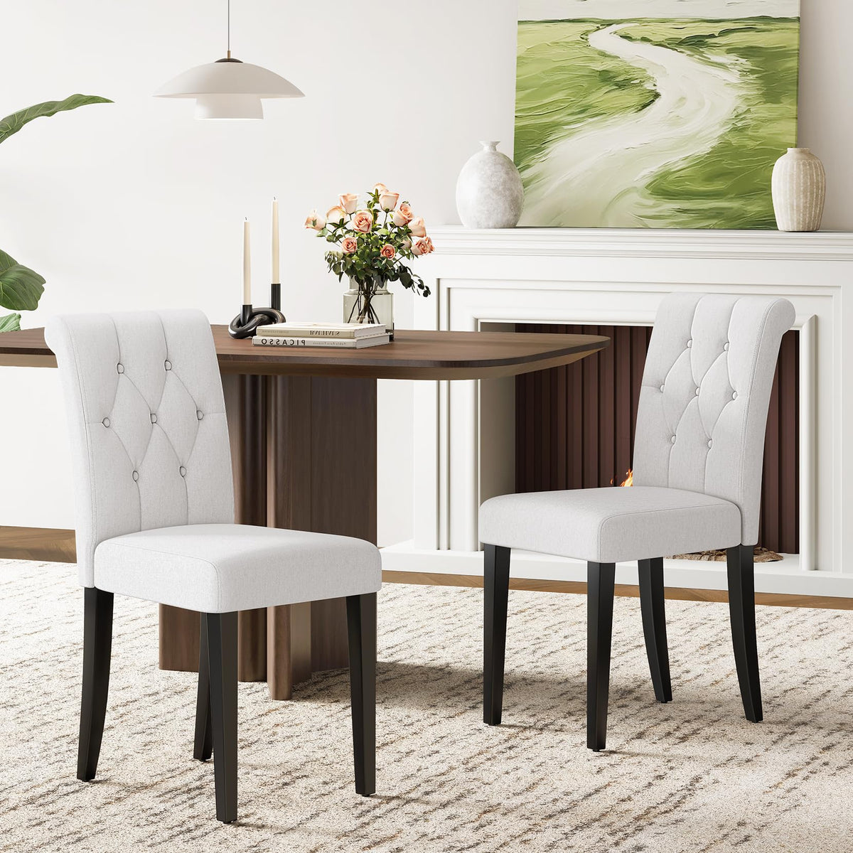 Upholstered Set of 4, Button Tufted Parsons Dining Chair with Solid Wood Legs, Modern Fabric Side Chair /Dining