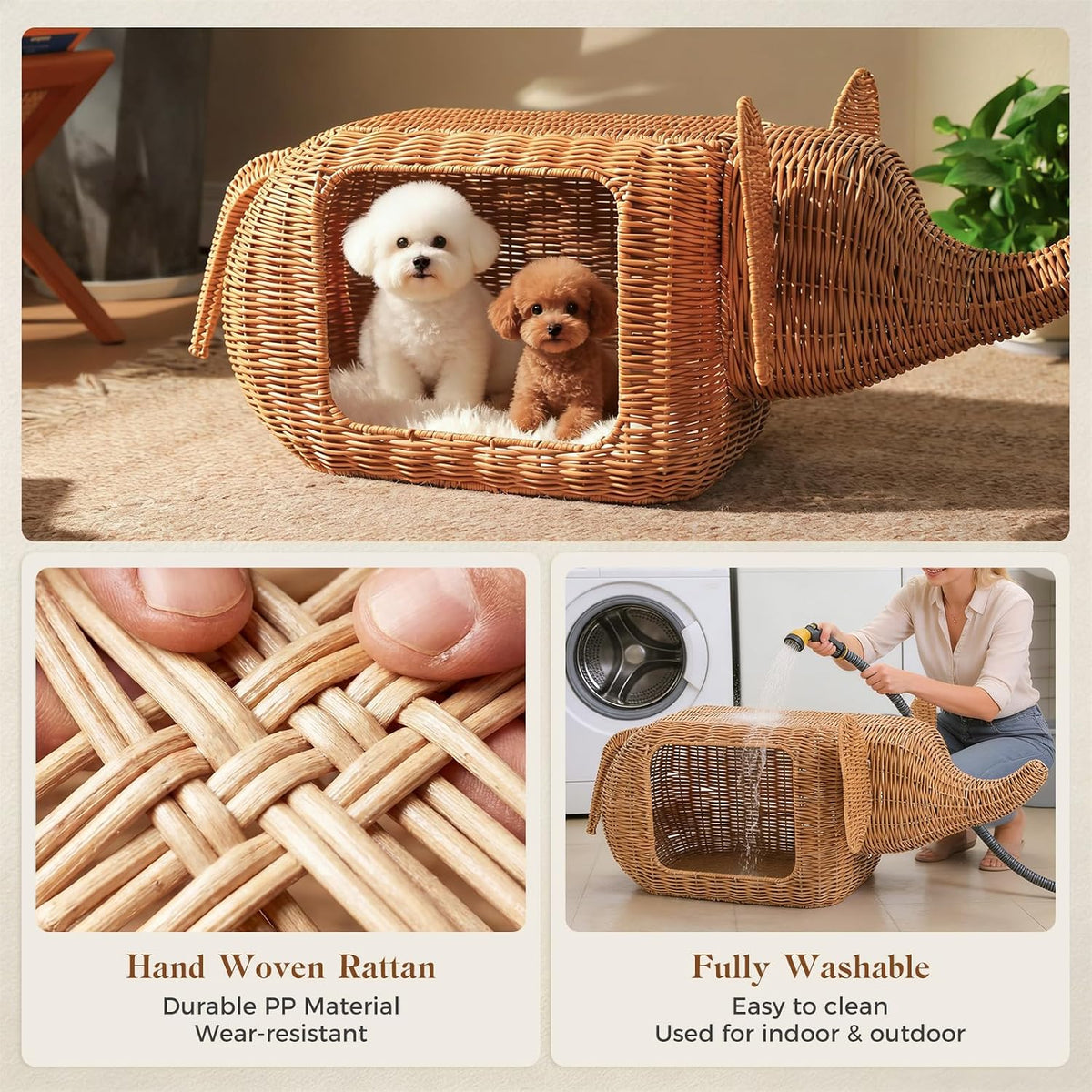 Elephant Shaped Rattan Cat Bed, Breathable Hand-Woven Wicker Cat Cave