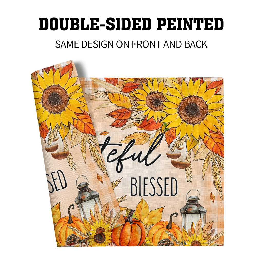 Fall Autumn Placemats, Thanksgiving Pumpkin Sunflower Thankful Grateful Blessed Linen Place Table Mats Washable Stain