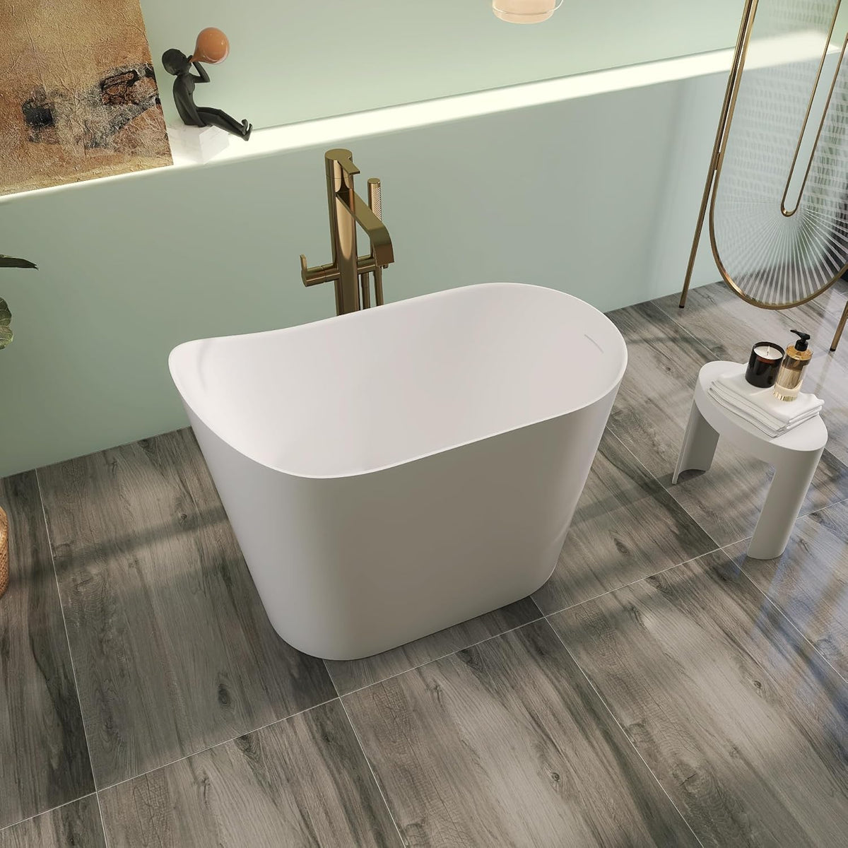 43" Premium Japanese Solid Surface Free Standing Bathtubs, Unique Small Matte White Stone Resin Soaking Tub with Pop-up Drain