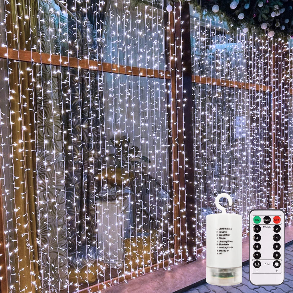 9.8Ft×9.8ft Christmas Curtain Lights Battery Operated with Remote