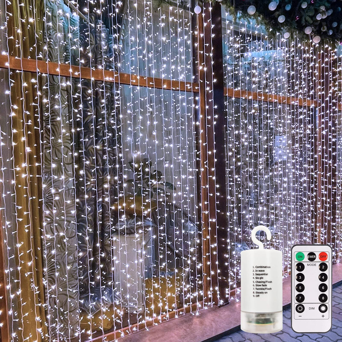 9.8Ft×9.8ft Christmas Curtain Lights Battery Operated with Remote