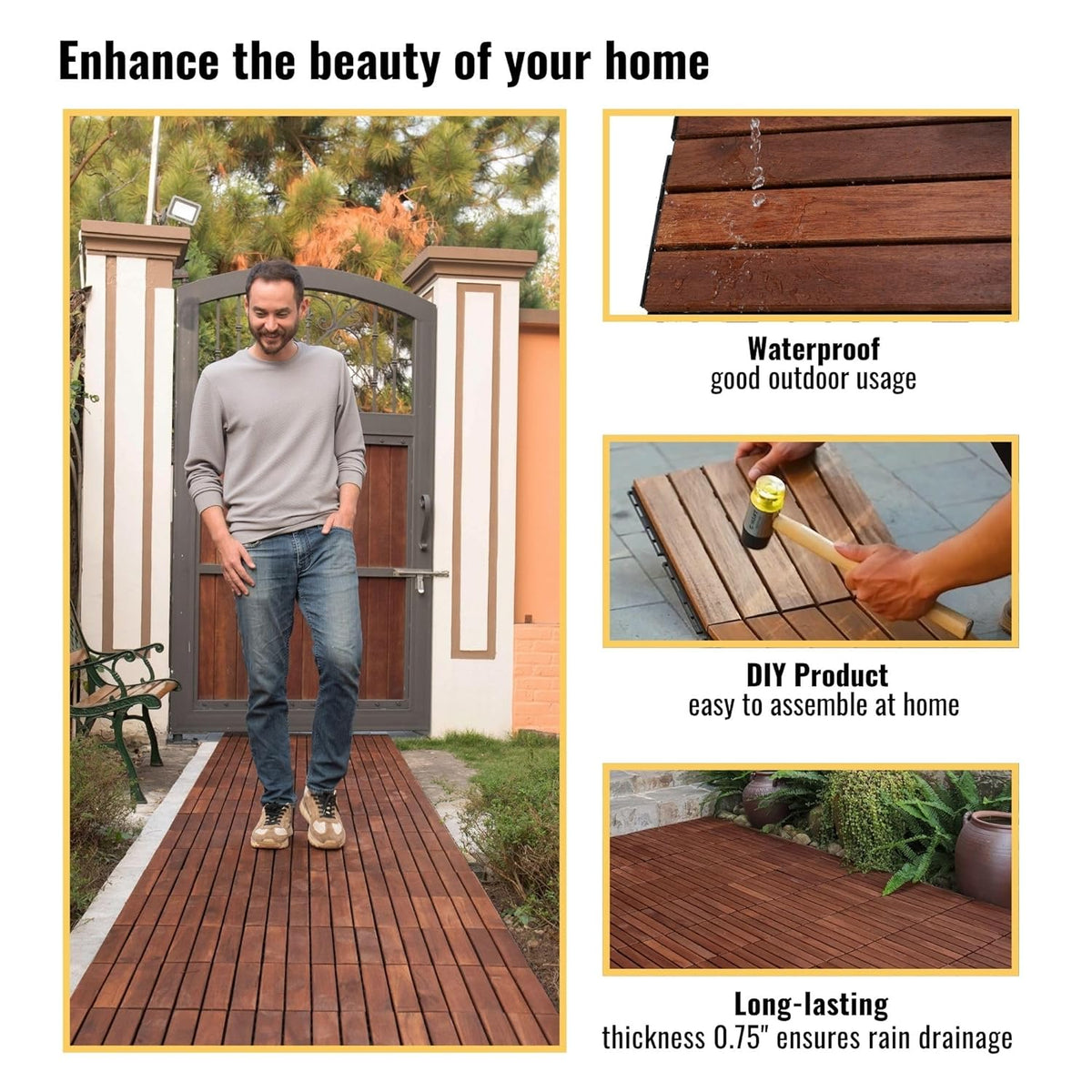 10 Pcs Acacia Wood Interlocking Deck Tiles, 12" X 12" Patio Deck Tiles, Outdoor Patio Flooring for Balcony, Garden