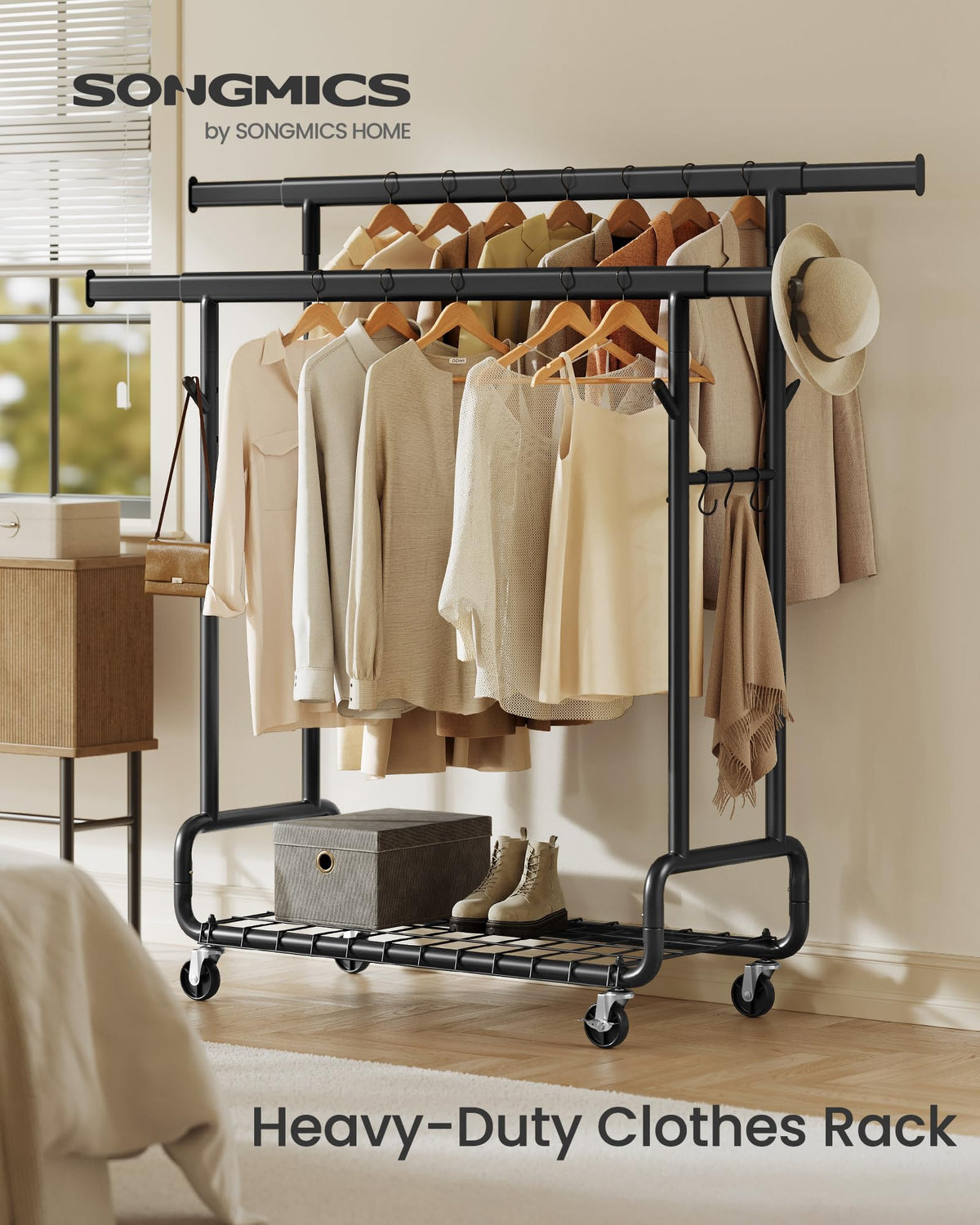 Clothes Rack, Heavy-Duty Rolling Garment Rack with Shelf