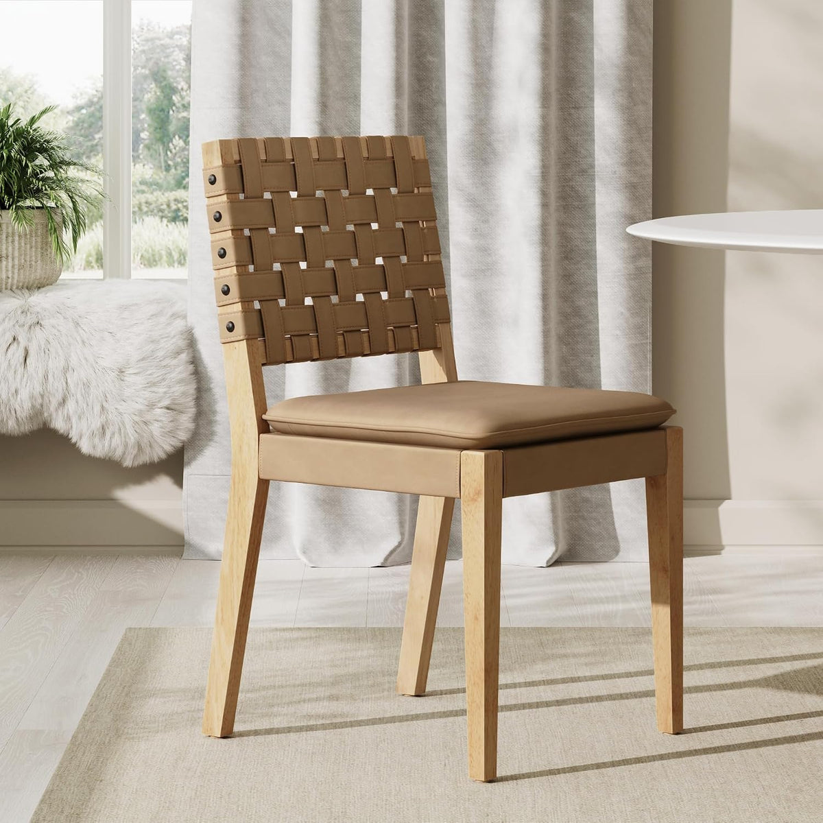Wood Dining Chair, Mid-Century Modern Upholstered Side Chair with Hand Woven Faux Leather Backrest, 20"D x 18"W