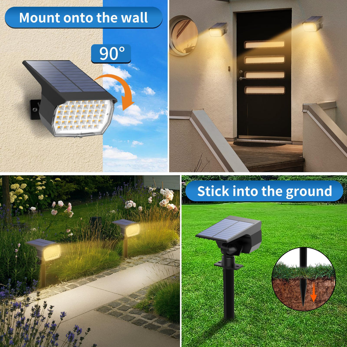 Solar Spot Lights Outdoor 2 Pack, [46 LED/3 Modes] Solar Landscape Spotlights Waterproof, 2-in-1 Auto On/Off Solar