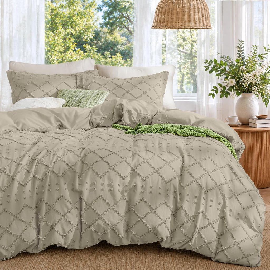 Boho Duvet Cover Set King Size, Tufted Embroidery Bedding, 3 PCS, Oatmeal