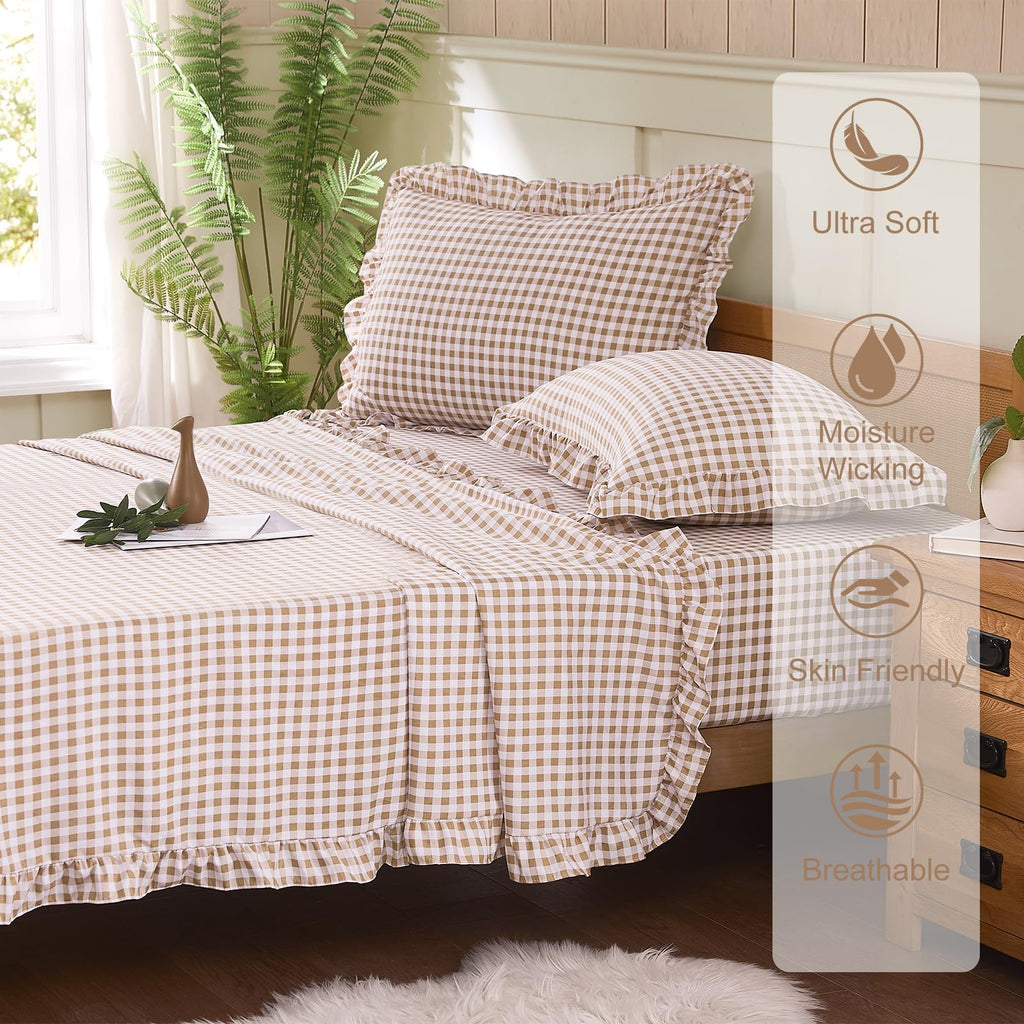 Gingham Sheet Set, Lightweight Super Soft Brushed Microfiber Plaid Bed Sheets with 16" Deep Pocket, 4 Piece