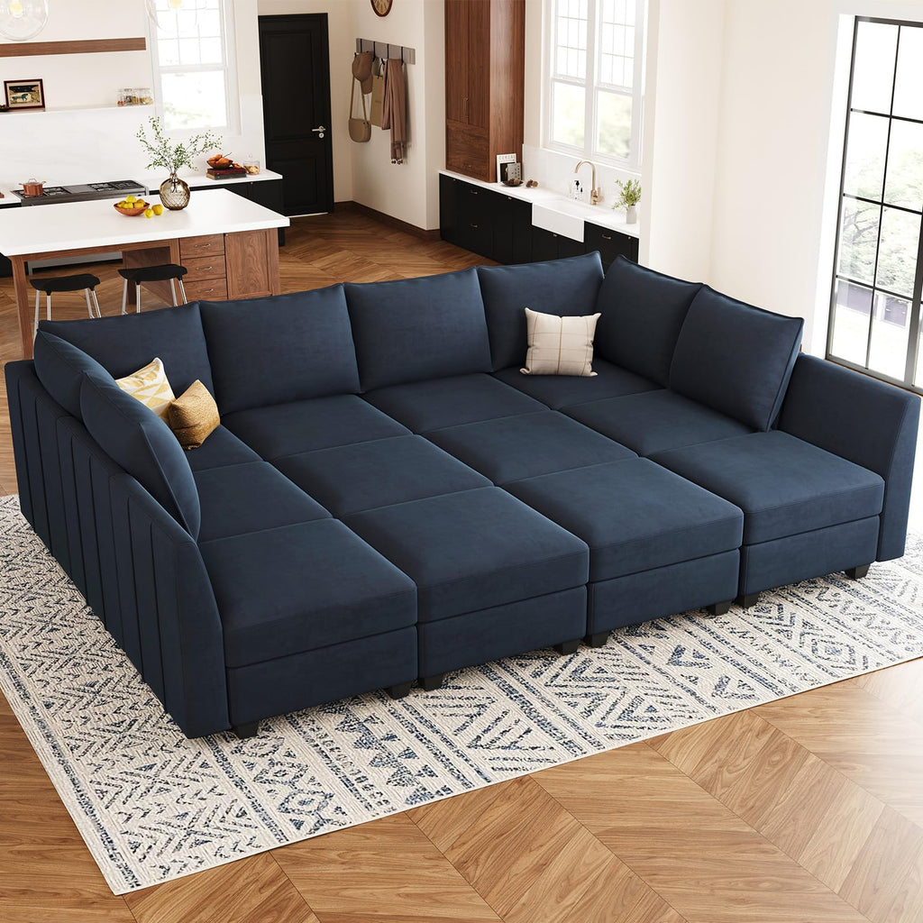Oversized Modular Sectional Couch Sleeper Sofa with Storage Velvet Sectional Sofa Bed, 12 Seats, Blue