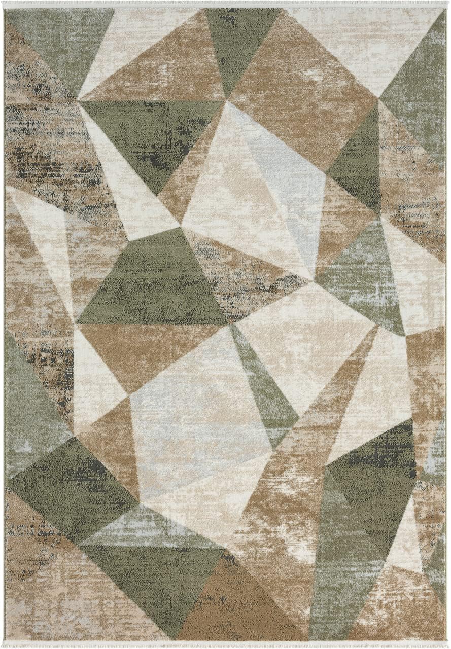 Savoy Collection Area Rug - Green and Cream Geometric Design - Easy to Clean - Durable for Kids and Pets
