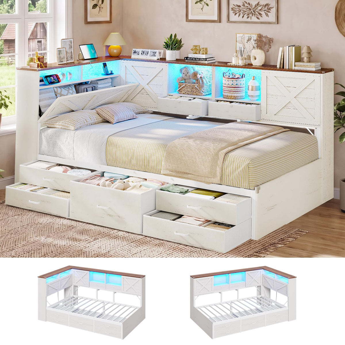 Farmhouse Corner Bed with 7 Drawers & Sliding Doors, White