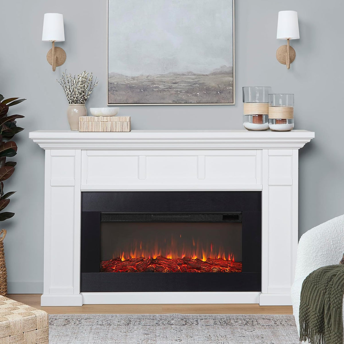 75 Inch Electric Fireplace with Mantel, Replaceable Insert Heater, Realistic Log and Flame Effect, Remote Control and Timer for Living Room or Bedroom