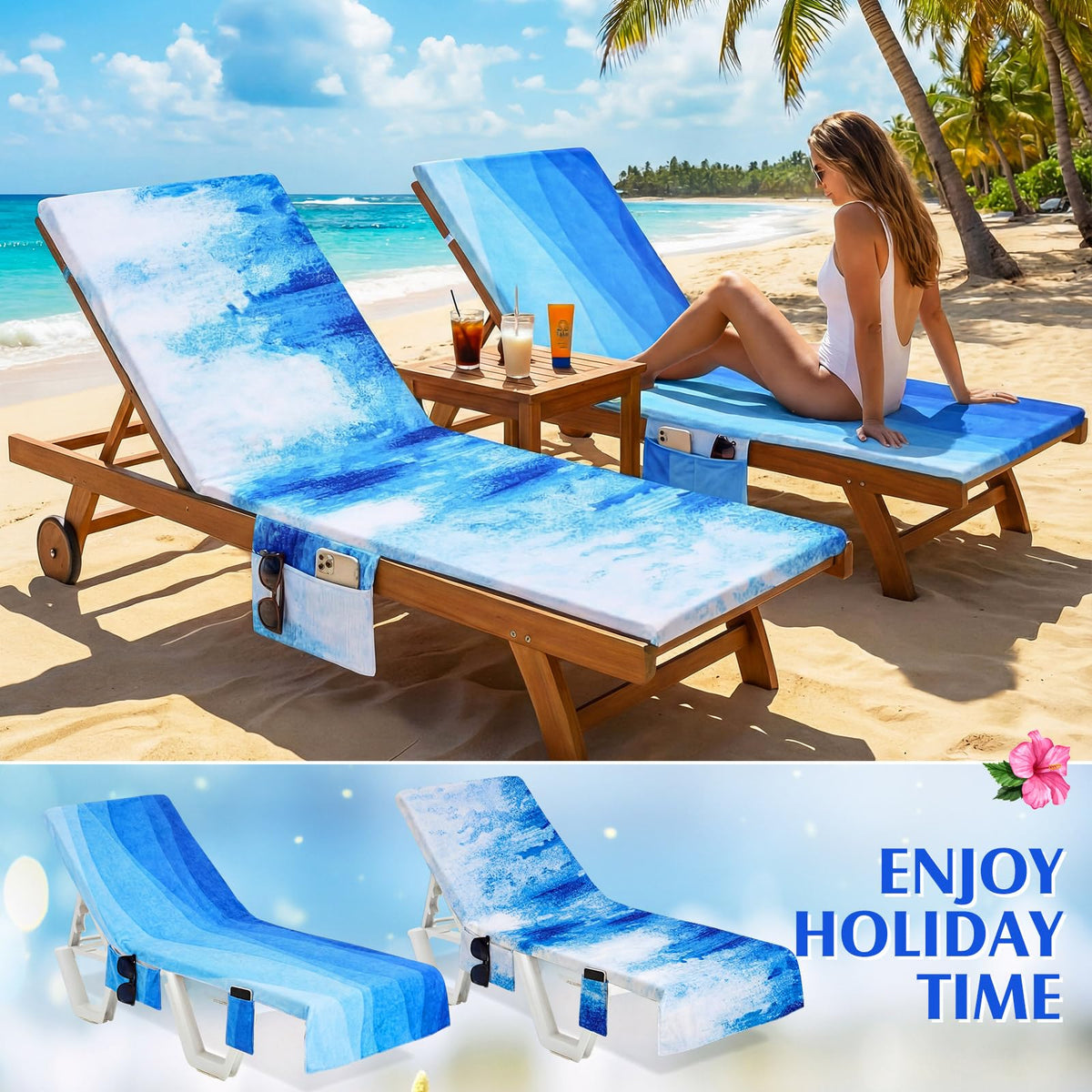 2 Pcs Lounge Chair Towel Cover with Pockets, Sea