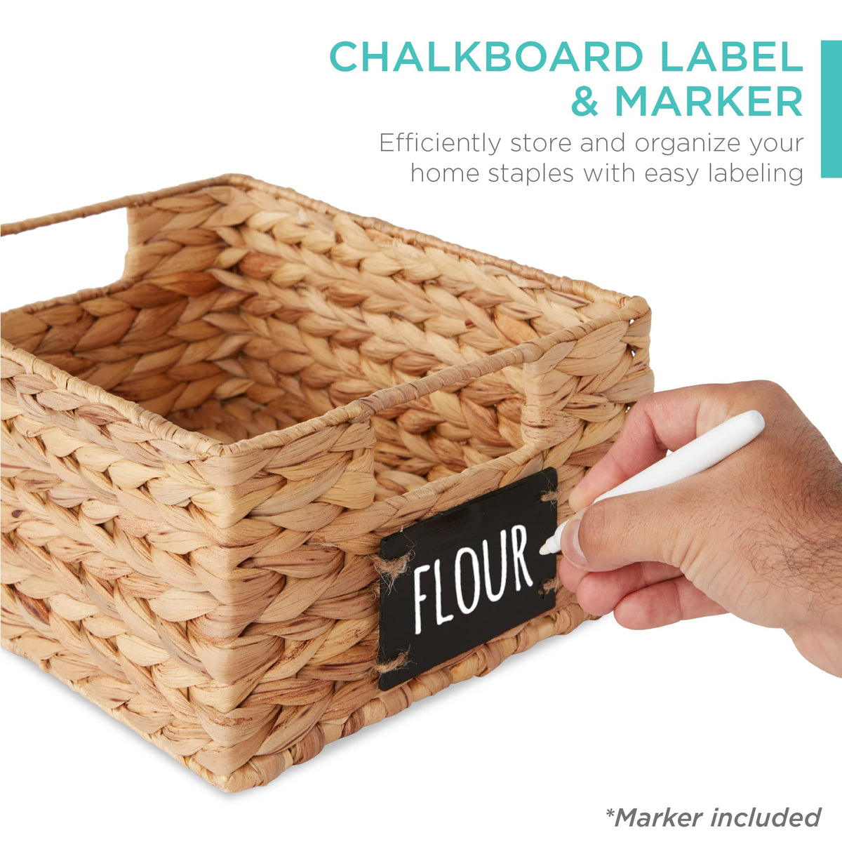 Set of 4 9x12in Water Hyacinth Pantry Baskets, Woven Organizers w/Chalkboard Label, Chalk Marker - Natural