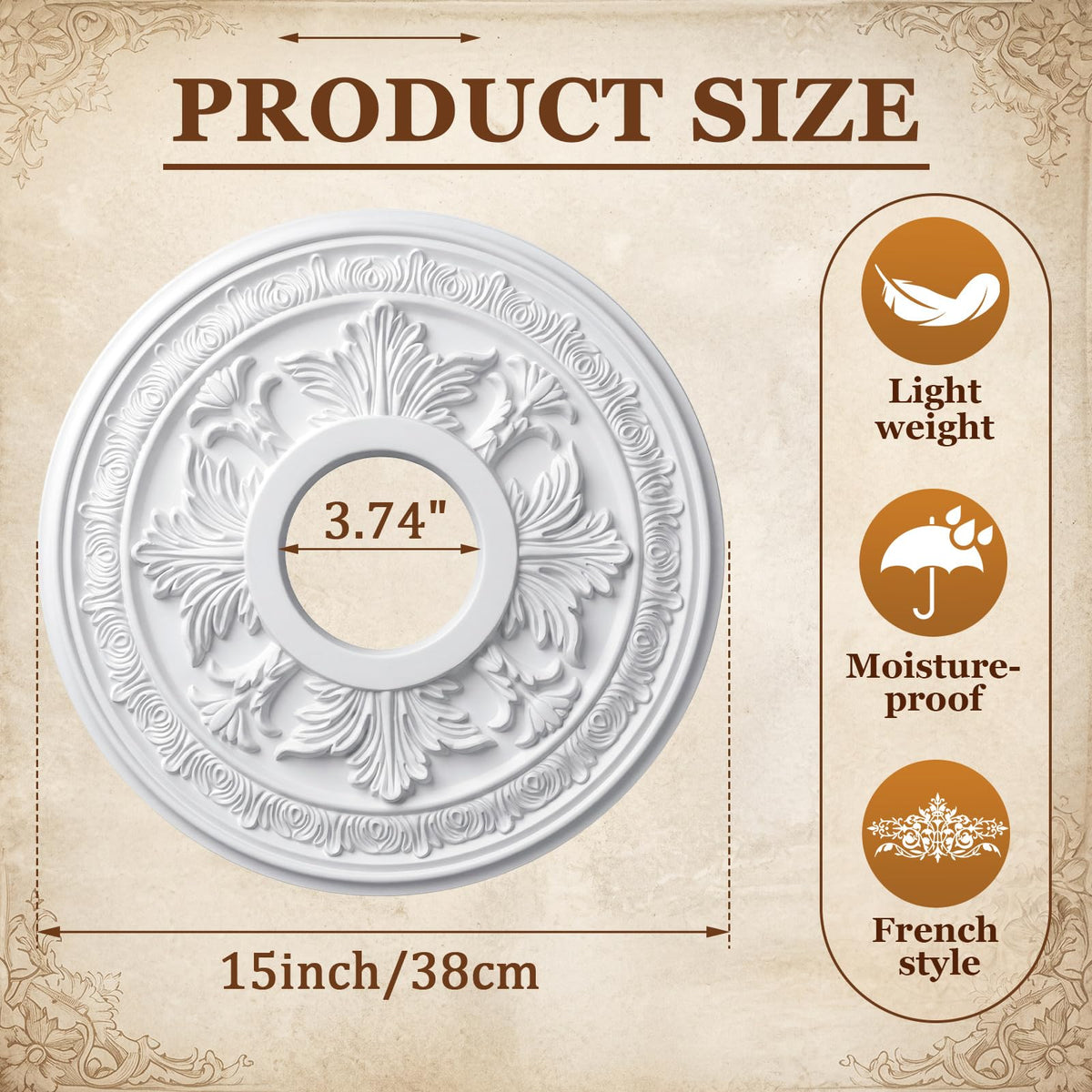 2 Pack 15" OD x 3.74" ID PU Chandelier Fan Ceiling Medallion