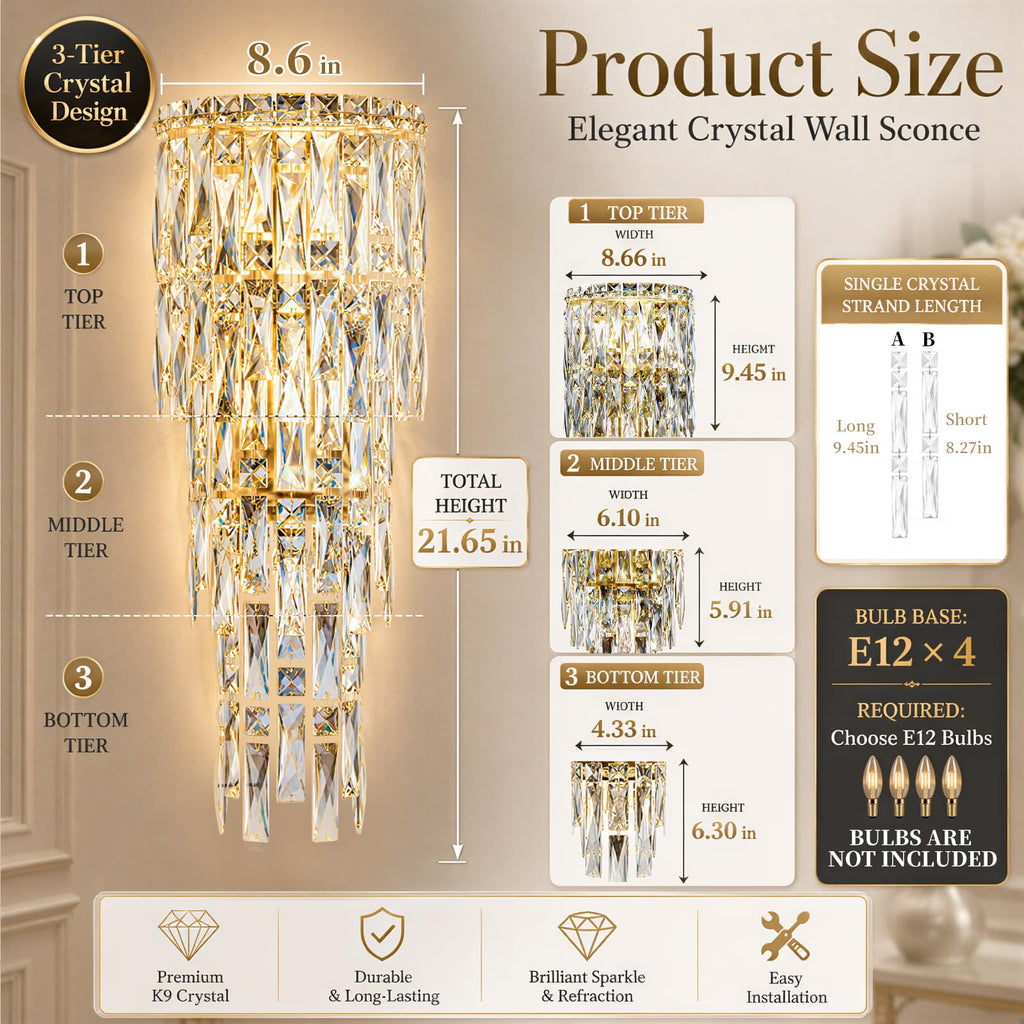 Modern K9 Crystal Wall Sconce,Gold Finish Wall Light Fixture Acrylic Crystal Drops Wall Lamp Bedside Light 3 Tiers