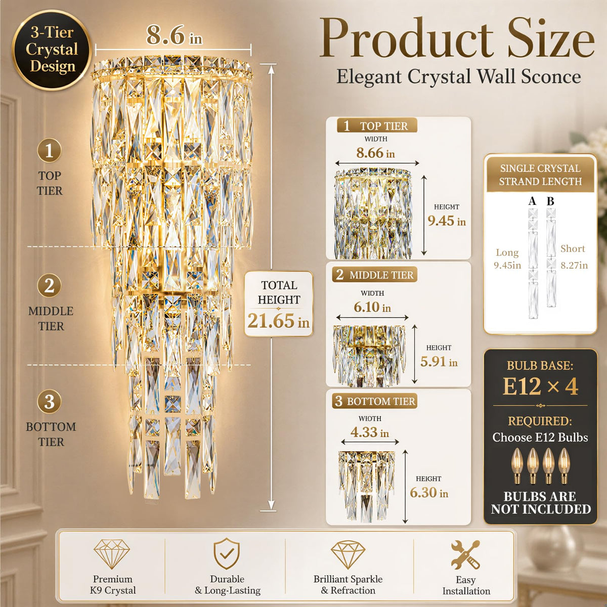 Modern K9 Crystal Wall Sconce,Gold Finish Wall Light Fixture Acrylic Crystal Drops Wall Lamp Bedside Light 3 Tiers