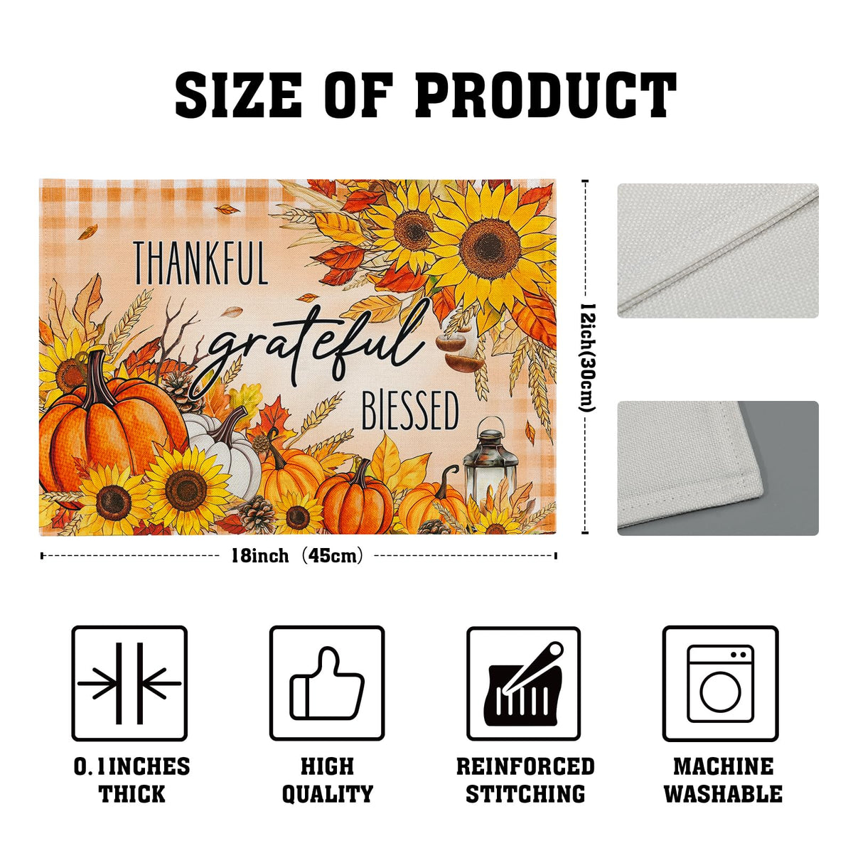 Fall Autumn Placemats, Thanksgiving Pumpkin Sunflower Thankful Grateful Blessed Linen Place Table Mats Washable Stain