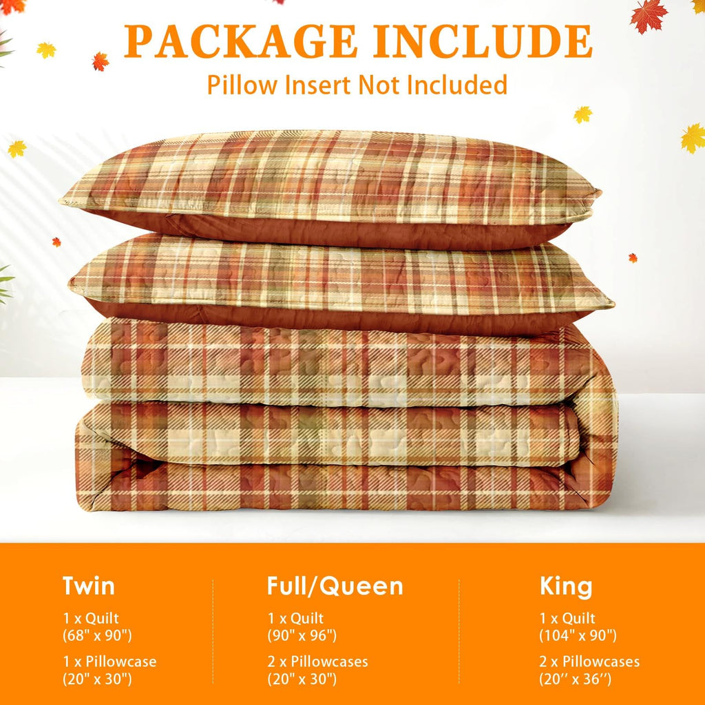 Fall Quilt Set, 3 Pieces Plaid Autumn Bedding, Bedspread