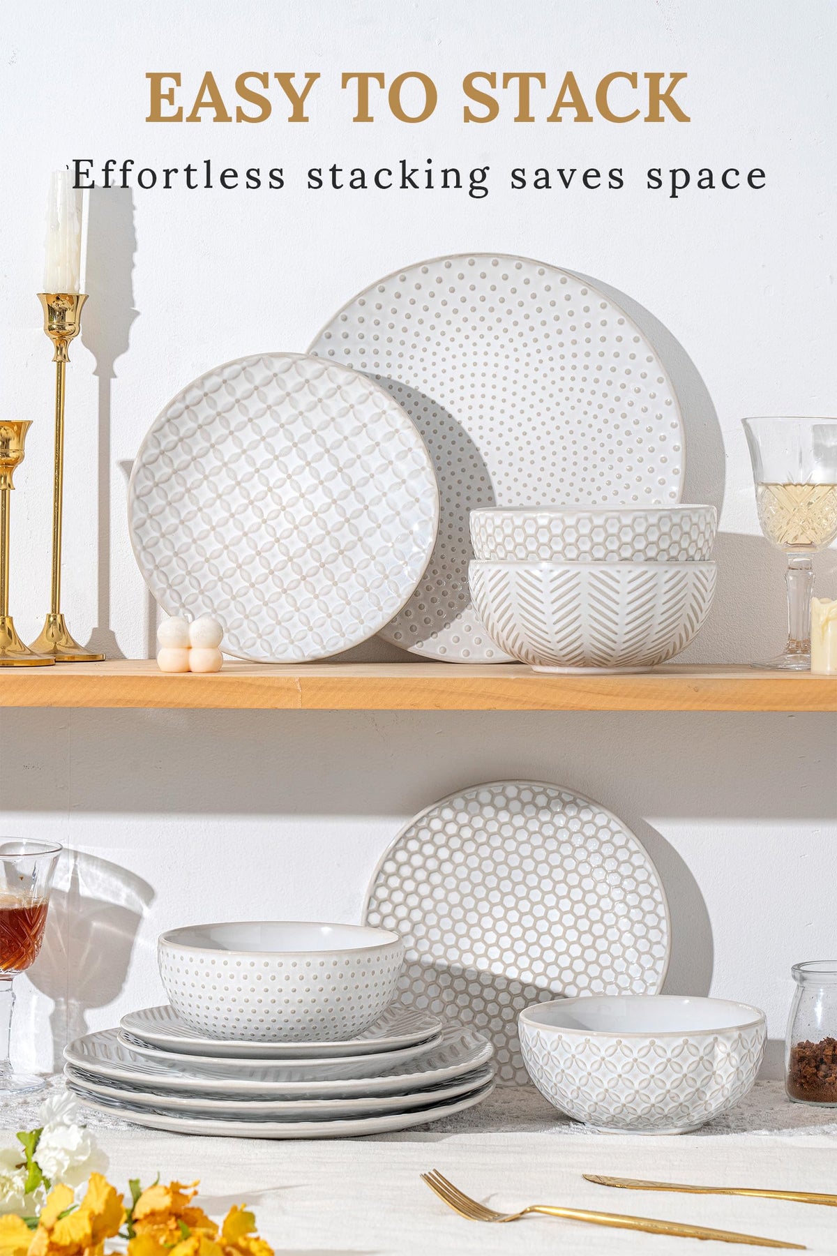 12 Piece Dinnerware Sets for 4, Premium Stoneware Plates and Bowls Sets of 12 with soup bowls, Microwave & Dishwasher