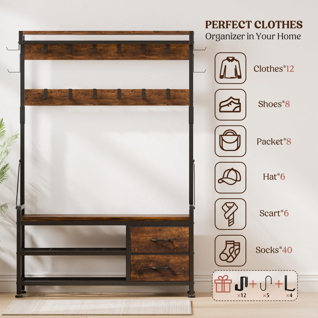 Coat Rack, 39.4" Hall Tree with Shoe Storage Bench, Rustic Brown