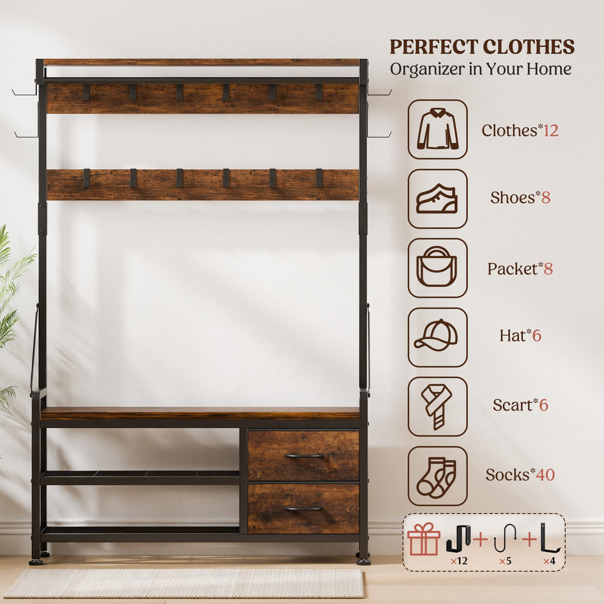 Coat Rack, 39.4" Hall Tree with Shoe Storage Bench, Rustic Brown