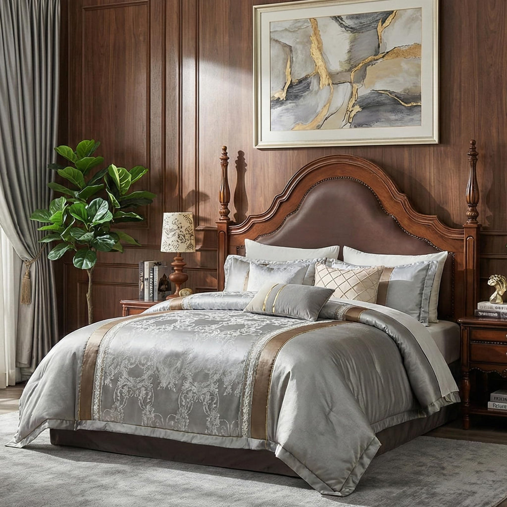 Silver Gray Comforter Set, 7PC Jacquard Bed in a Bag