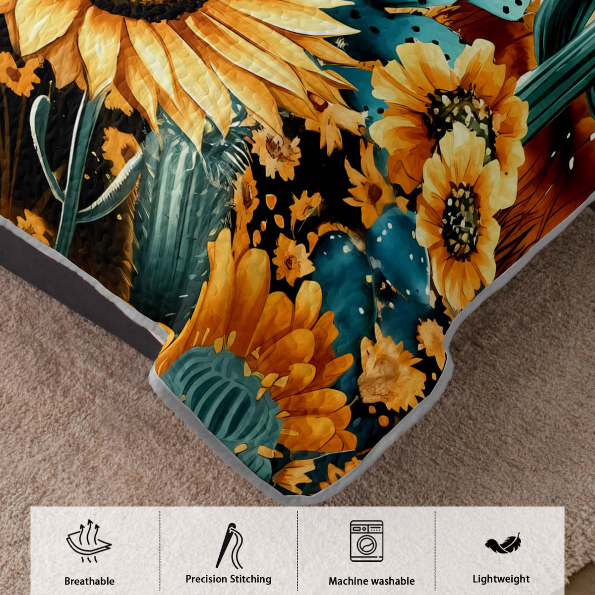 Sunfower Print Quilt Bedding Set, 3-Piece Western Cactus Flower Bedspread Coverlet, Sunset Theme Quilt, 2