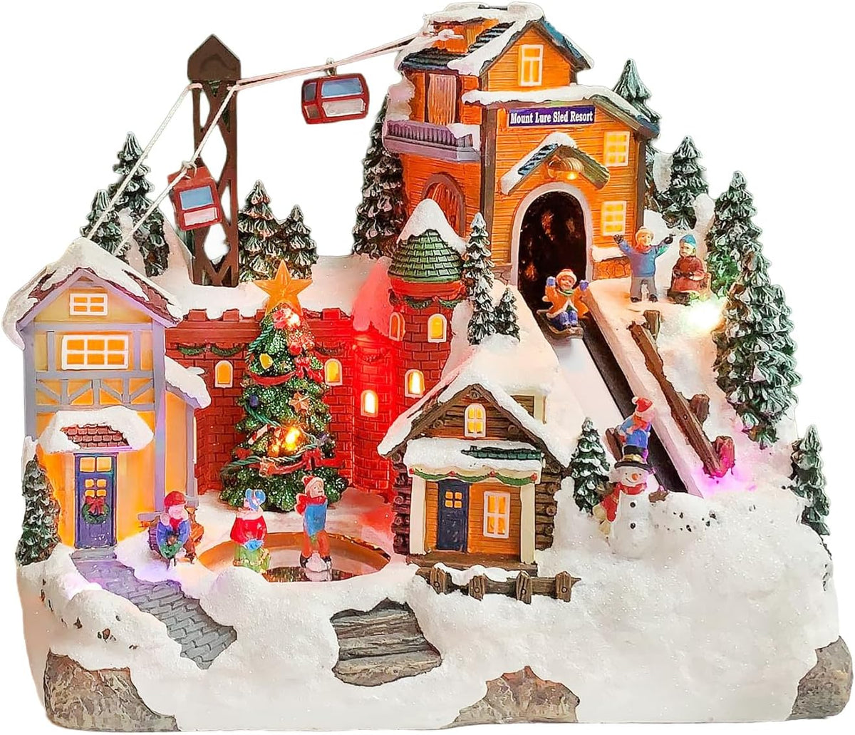 Christmas Village Building Mount Lure Sled Resort LED Lights Music and Animation Ski Lift Winter Resort Scene Power