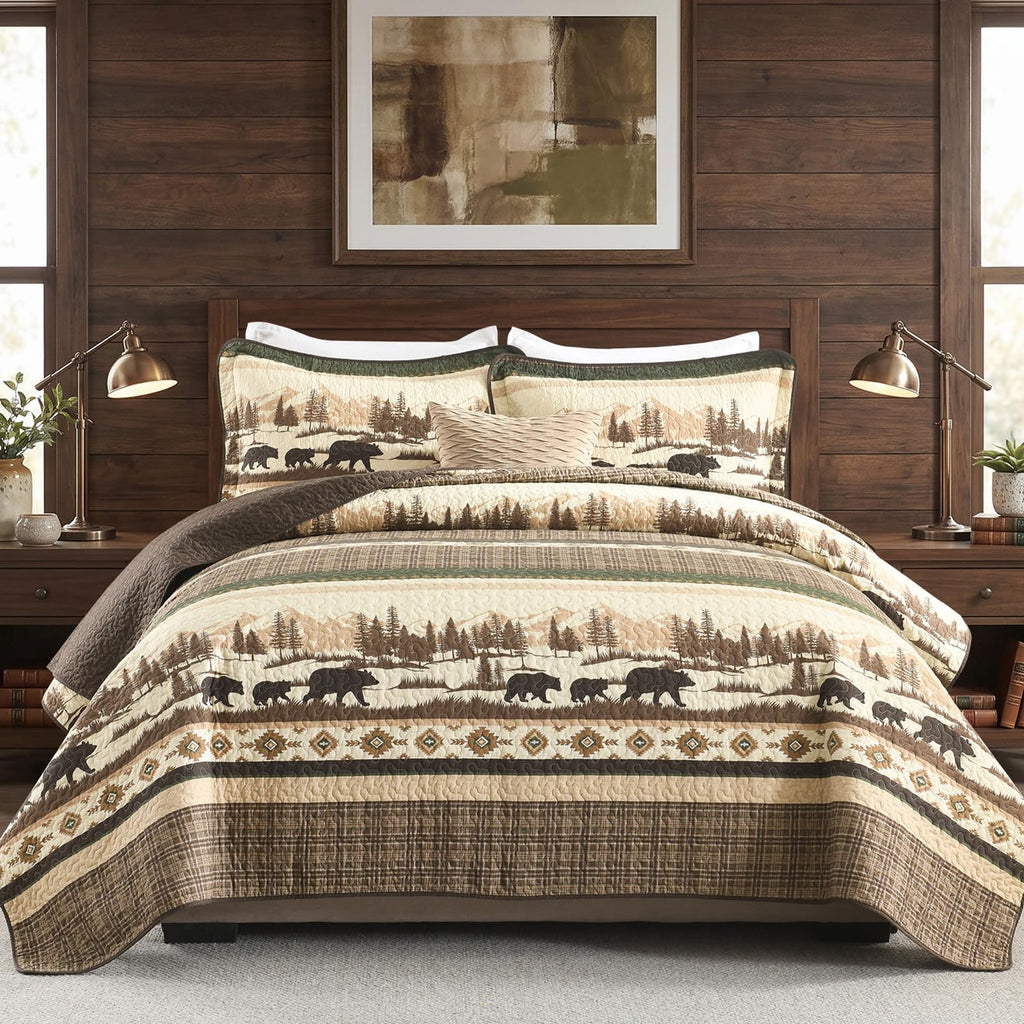 Cabin Quilt Set, 100% Cotton Farmhouse Bedspread, Forest Tree Brown Bear Deer Striped Patchwork Reversible