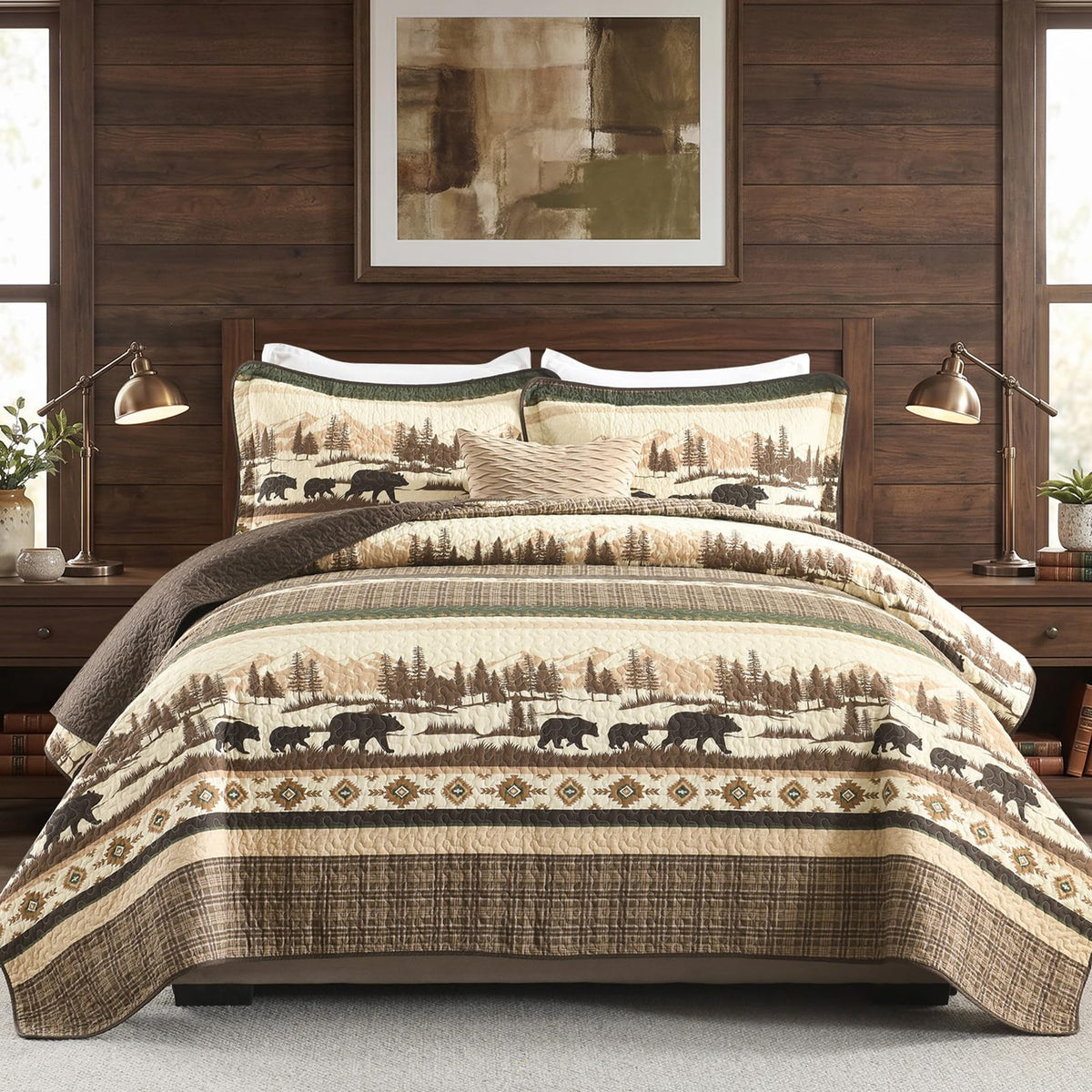 Cabin Quilt Set, 100% Cotton Farmhouse Bedspread, Forest Tree Brown Bear Deer Striped Patchwork Reversible