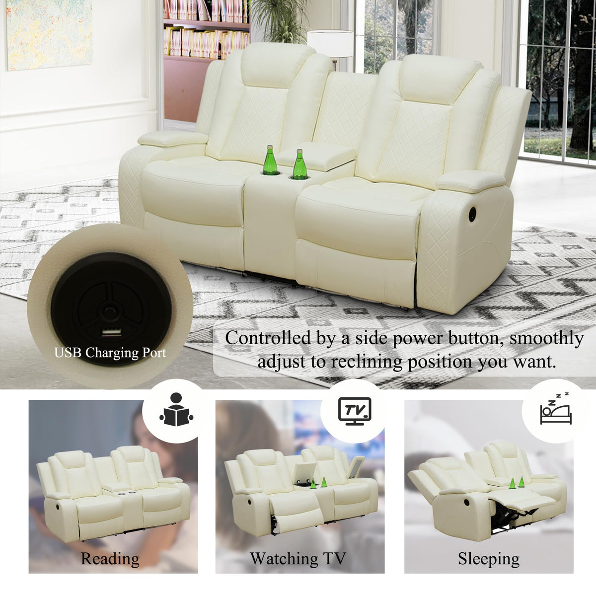 Power Recliner Sofa and Couch Set with LED, 2 Piece Breathing Leather Sofa Set, Reclining Couch and Loveseat Living