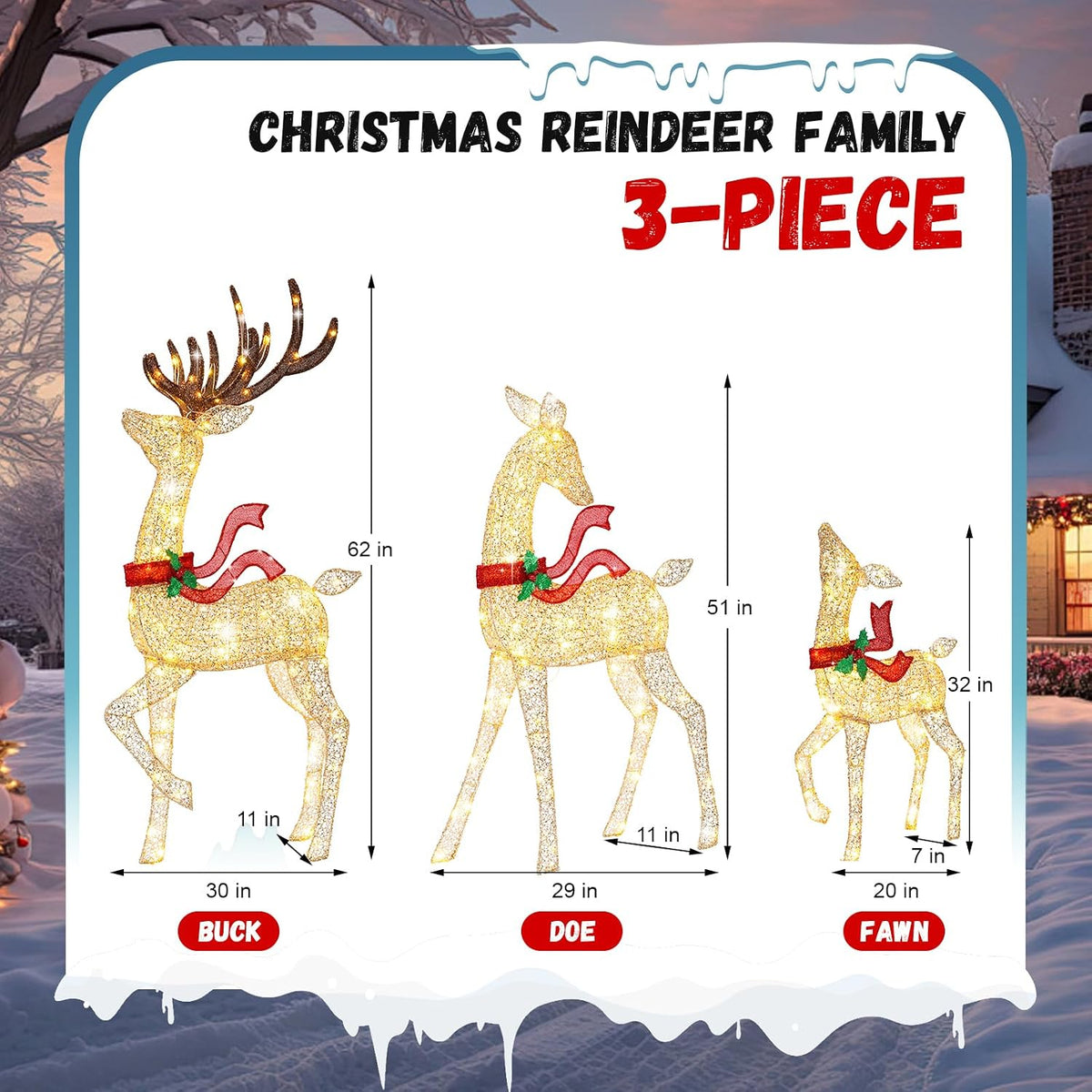 62" Reindeer Christmas Decor Outdoor, 3-Piece Lighted Reindeer Family-Gold