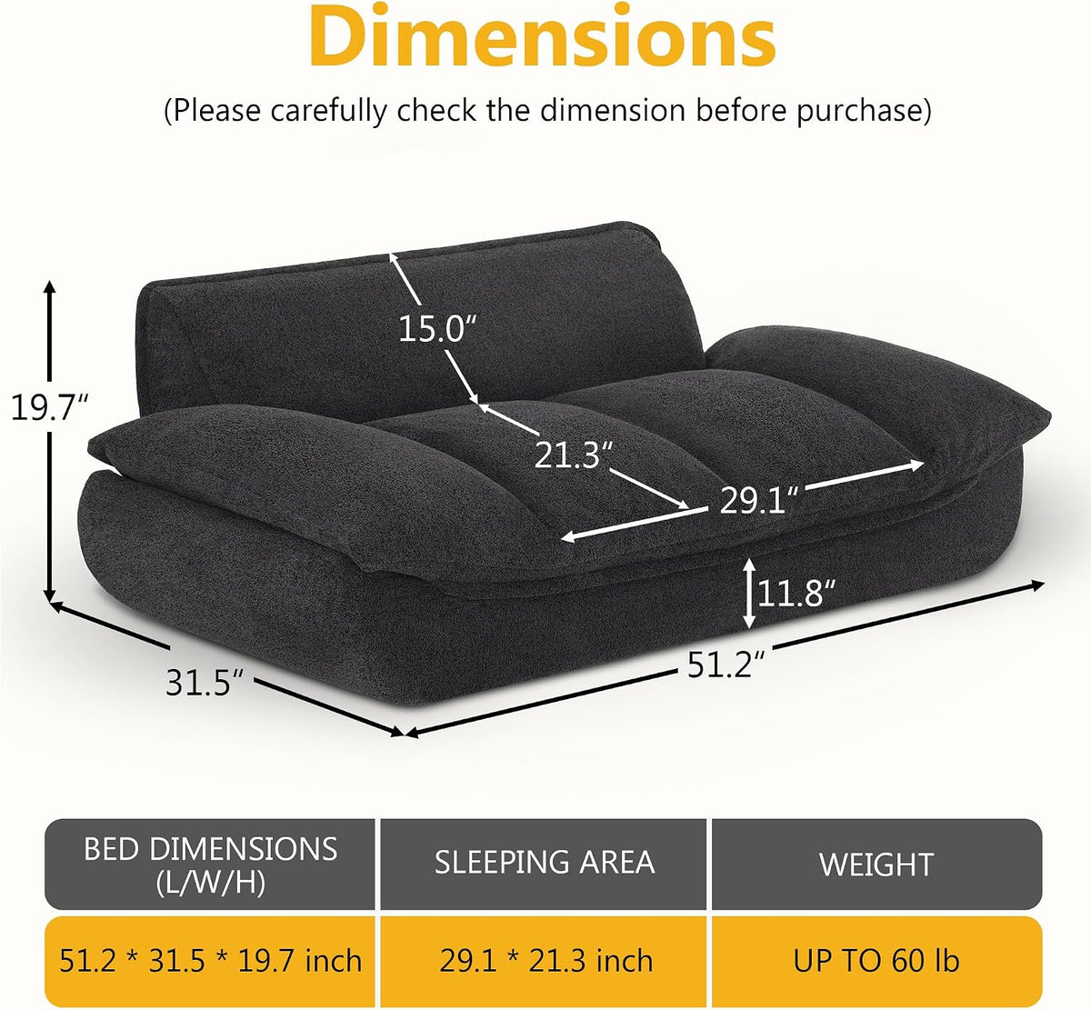 Dog Couch for Large Breed, Fabric Dog Sofa Bed with Anti-Slip Bottom (Black)