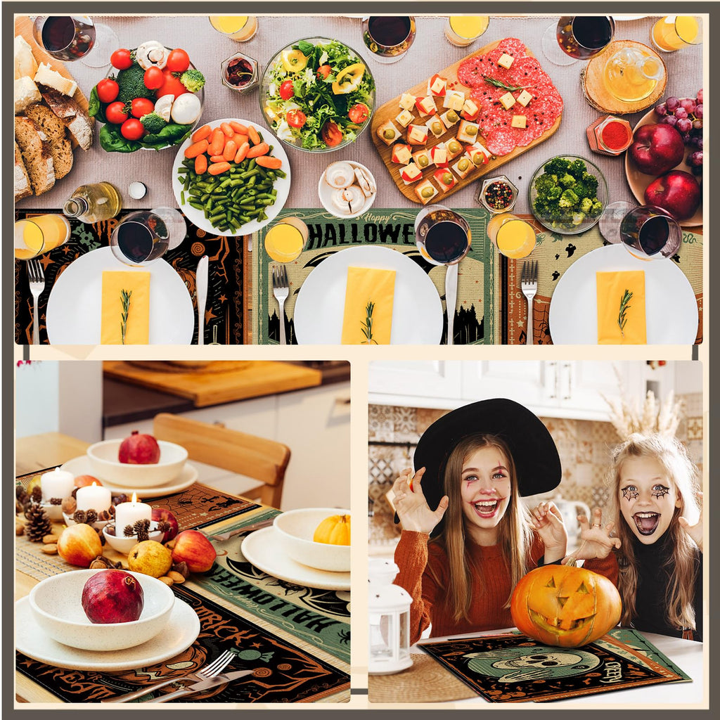 6 Pcs Halloween Placemats 12"x18" Gothic Bat Placemats Kitchen Decoration Washable Witch Place Mats Rectangle Skull