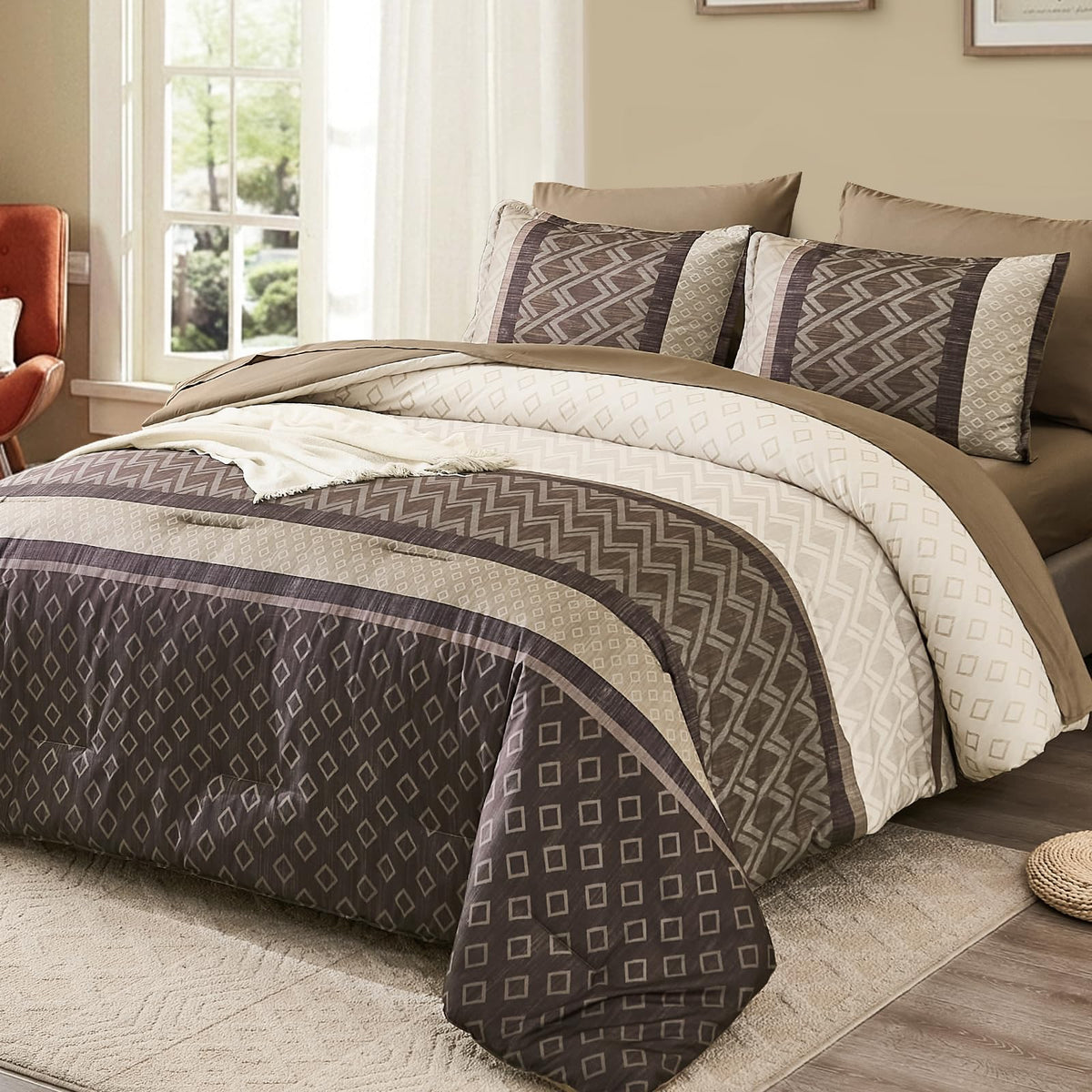 7-Piece Grey Brown Striped Comforter Set, Farmhouse Boho Bedding