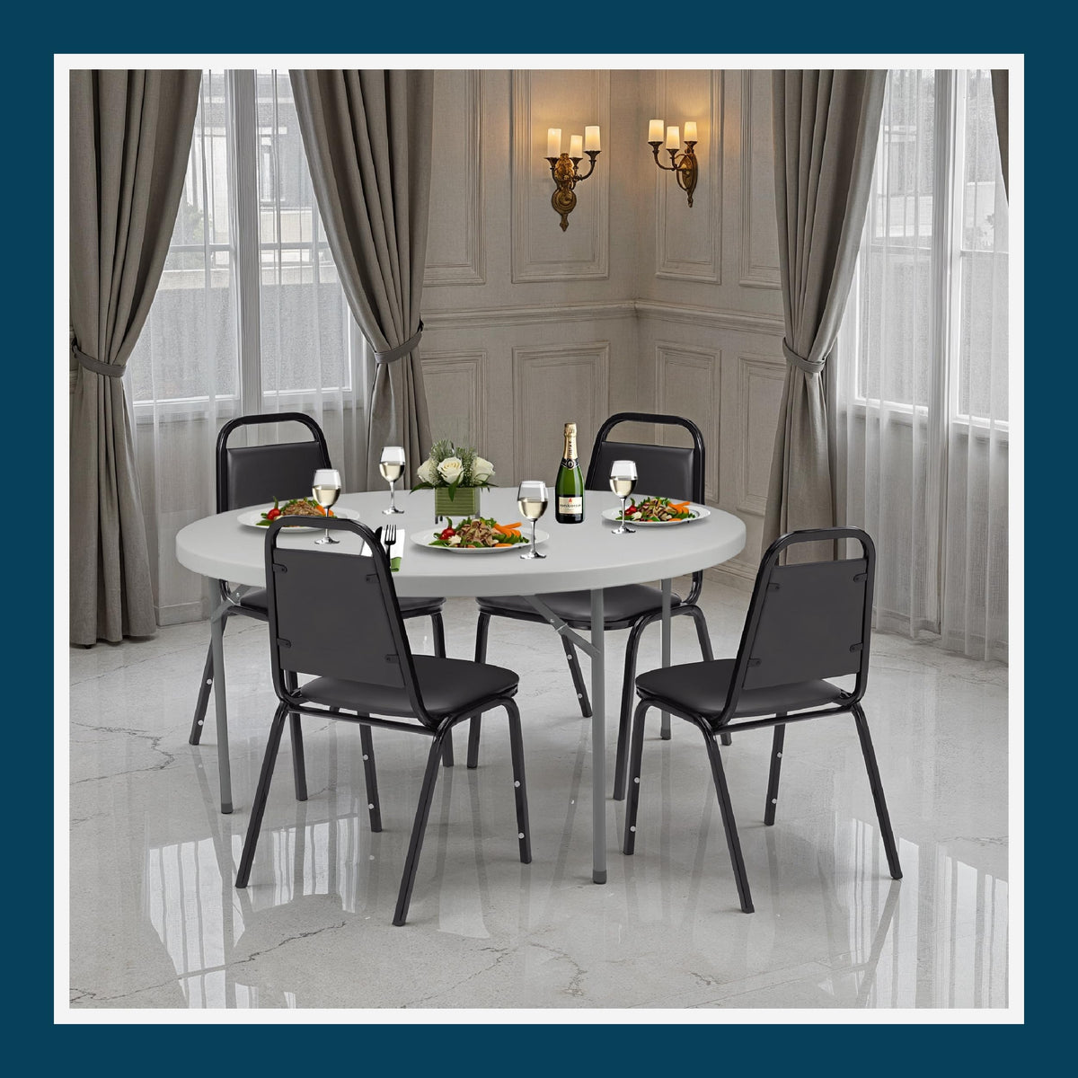 4 Banquet Chairs Premium Commercial Seating (4 Pack, Vinyl, Black, Black Frame)